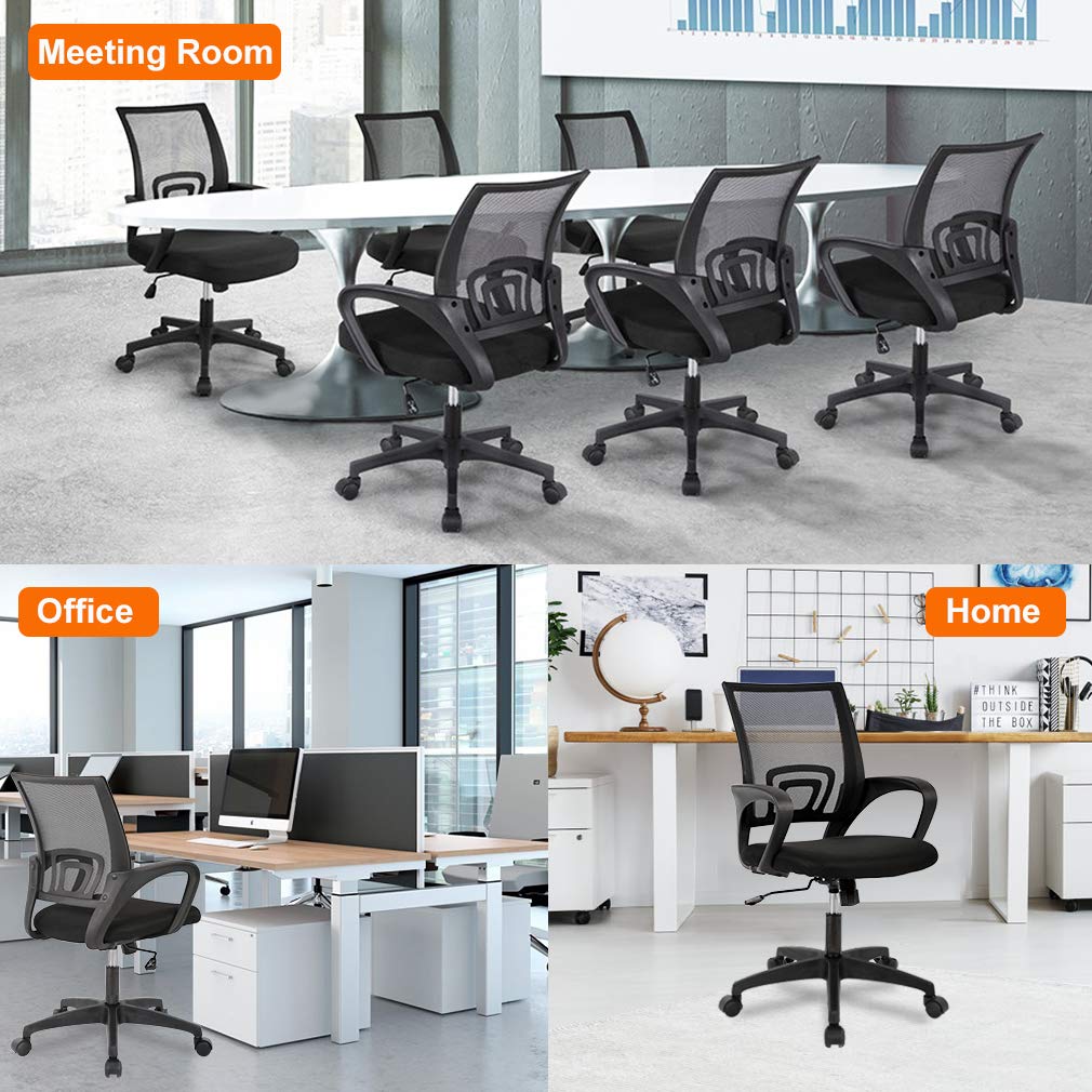 Ergonomic Office Chair | Mid-Back Swivel Desk Chair | Breathable Backrest & Lumbar Support | Adjustable Height | Sponge Seat | Rolling Wheels | Black | for Adults & Women