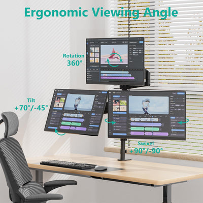 Triple Monitor Mount for 13-34 inch Screens, Full Adjustable 3 Monitors Desk Mount with Clamp & Grommet Base, Triple Monitors Arm, up to 19.8lbs Each, VESA 75x75 100x100 mm (GSDM003XL), Black