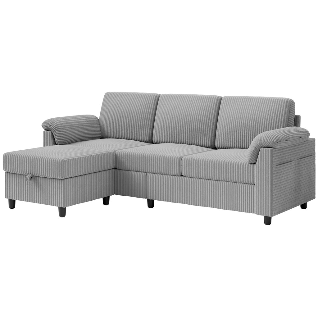 Convertible Sectional Couches Sofa, 3 Seat L Shaped Sofa with Removable Pillows Soft Corduroy Fabric Small Couch Mid Century for Living Room, Bed Room, Apartment and Office (Light Grey)