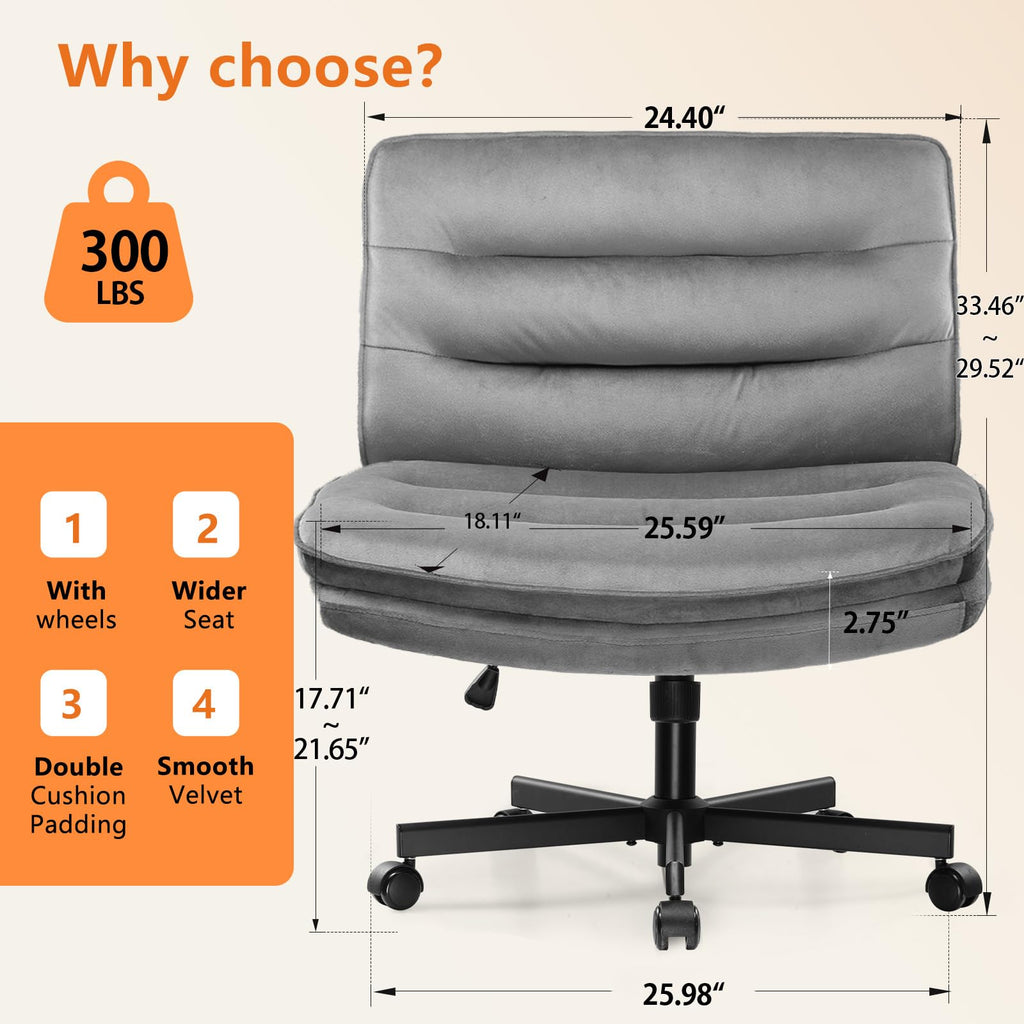 Criss Cross Chair with Wheels Armless Cross Legged Office Chair Wide Home Office Desk Chair Swivel Comfy Vanity Desk Chair Height Adjustable Mid Back Wide Seat Computer Task Chair