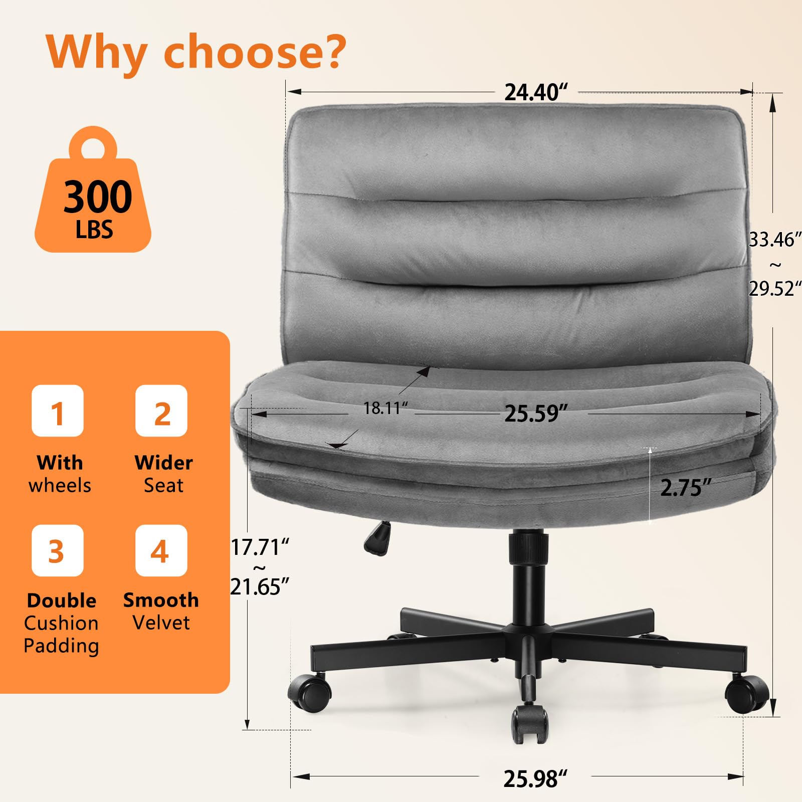 Criss Cross Chair with Wheels Armless Cross Legged Office Chair Wide Home Office Desk Chair Swivel Comfy Vanity Desk Chair Height Adjustable Mid Back Wide Seat Computer Task Chair