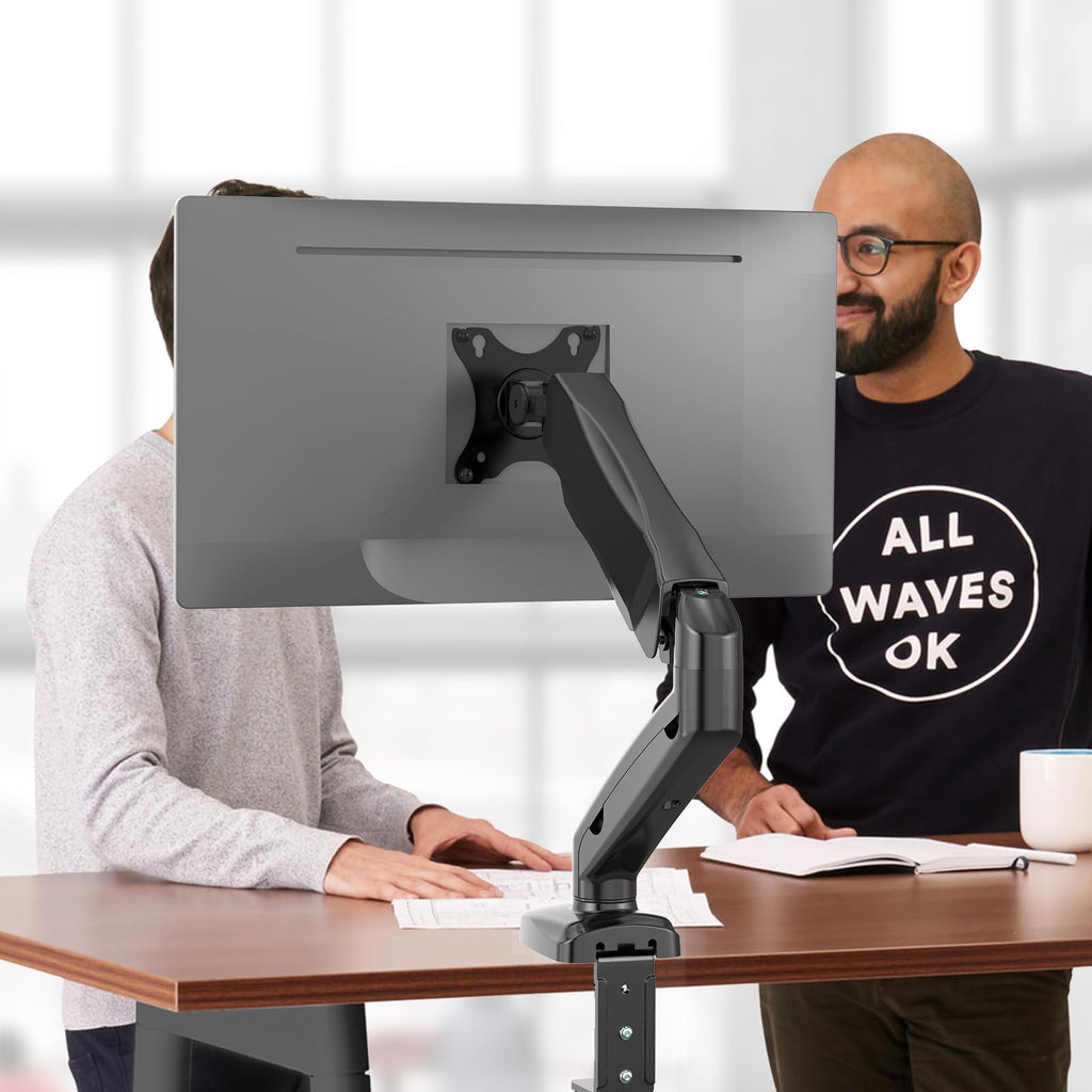 Single Monitor Arm for 13-27 inch Screens, Adjustable Single Monitor Mount Holds 19.8lbs, Computer Monitor Stand for Desk, Clamp and Grommet Base, VESA 75/100mm (GSMP001), Matte Black