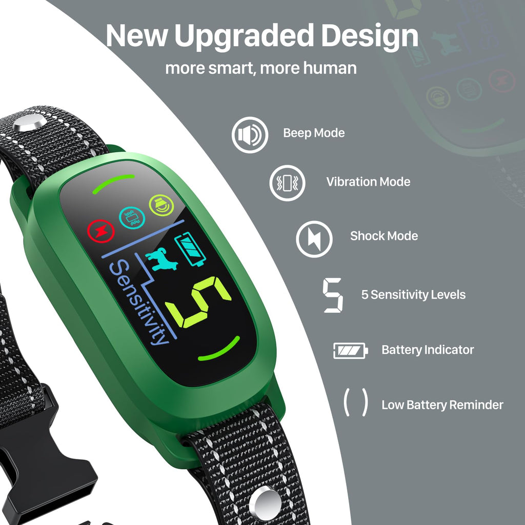 Bark Collar, Rechargeable Dog Bark Collar with 5 Adjustable Sensitivity and Intensity Beep Vibration, Anti Barking Collar for Small Medium Large Breed Dogs (Green)
