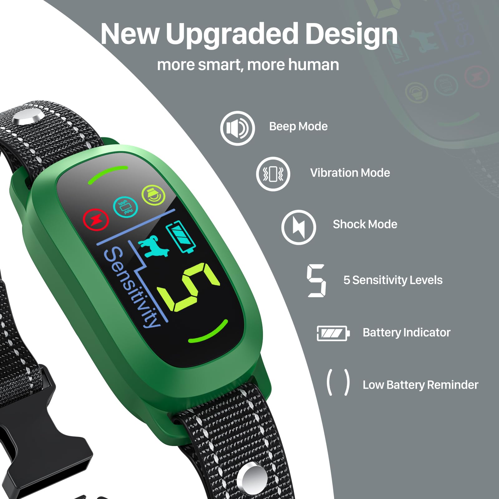 Bark Collar, Rechargeable Dog Bark Collar with 5 Adjustable Sensitivity and Intensity Beep Vibration, Anti Barking Collar for Small Medium Large Breed Dogs (Green)