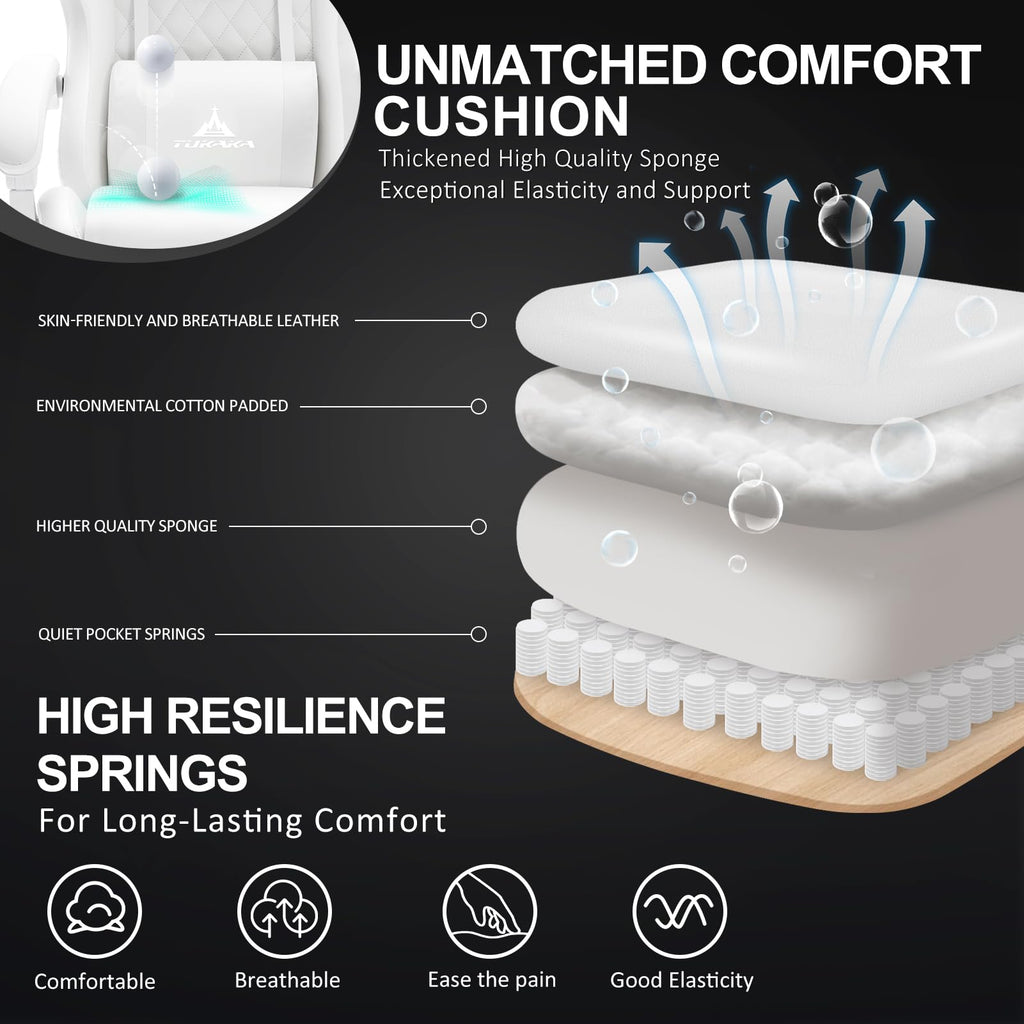 White Gaming Chair,Ergonomic Massage Computer Office Desk Chair with Footrest,Pocket Spring Cushion,Reclining Leather Adjustable Gamer Chair with Headrest and Lumbar Support,White