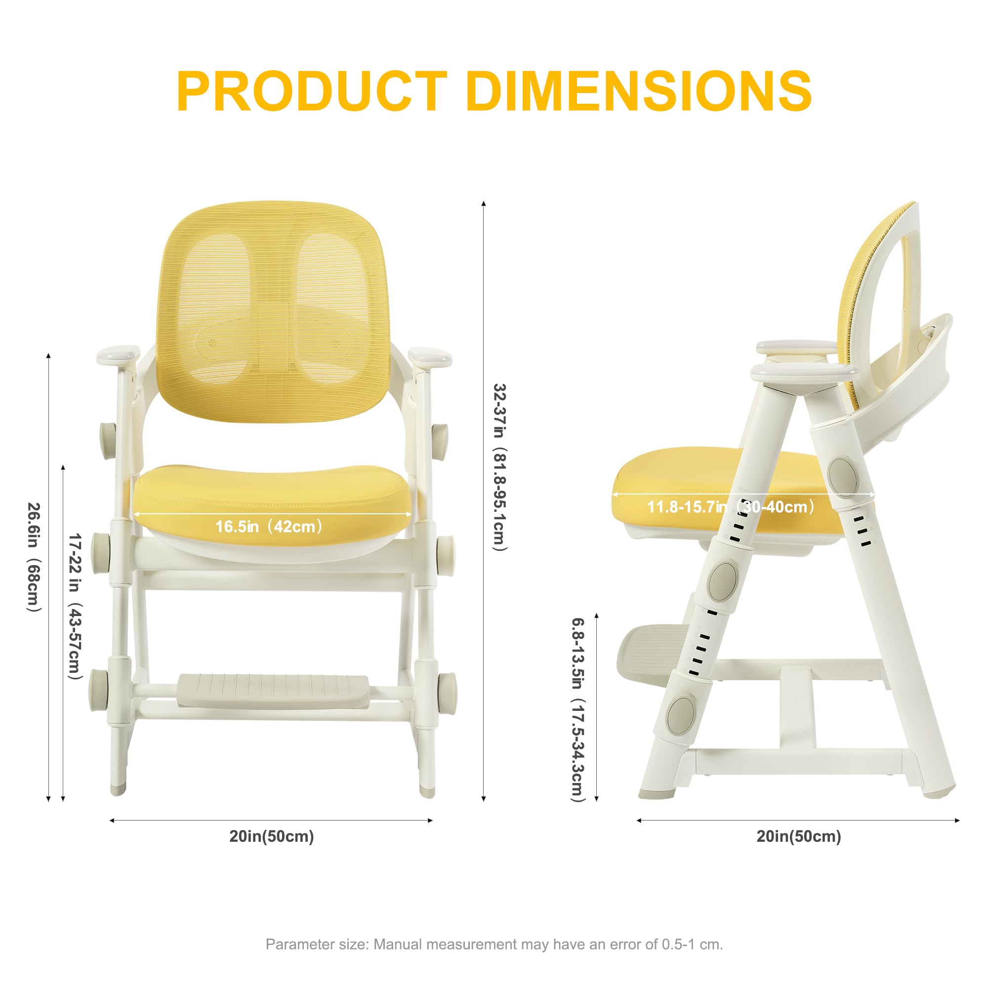 Ergonomic Kids' Study Chair, Height Adjustable Kids Desk Chair for Boys Girls,Comfortable for Teenagers Playing, Drawing, Ideal Gift for Children,Students（Yellow）