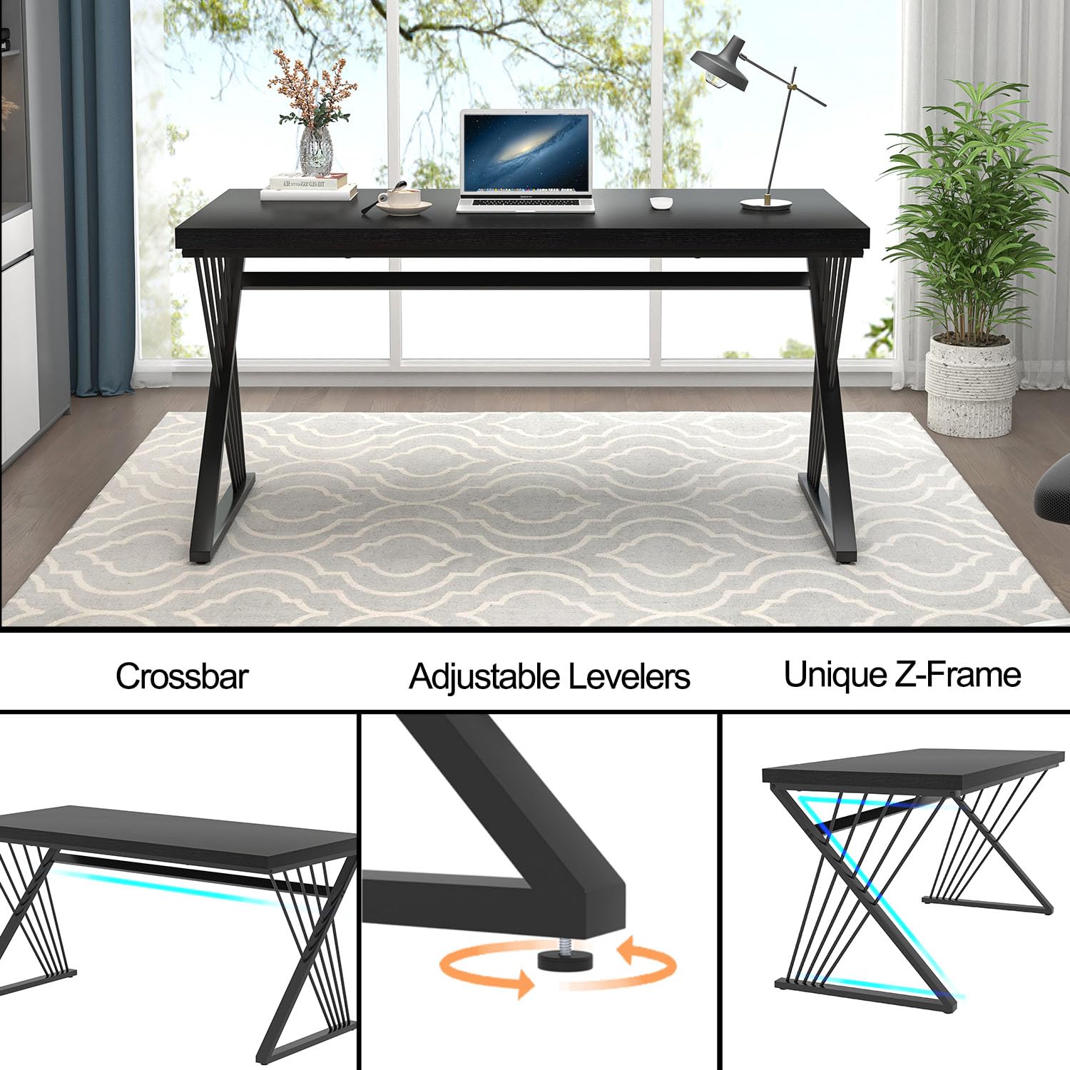 Black Desk, Modern Wood and Metal Computer Desks for Home Office, Simple Writing Work PC Desk for Bedroom, Industrial Study Gaming Table for Living Room, 60 Inch
