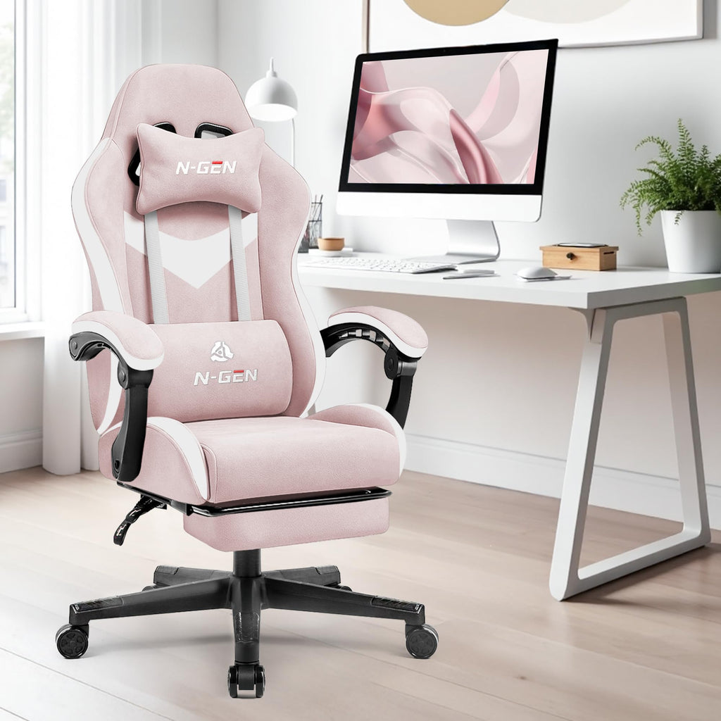 Video Gaming Chair with Footrest Lumbar Support for Home Office High Back Recliner Height Adjustable Ergonomic Comfy Fabric Computer Desk Chair (Pink)