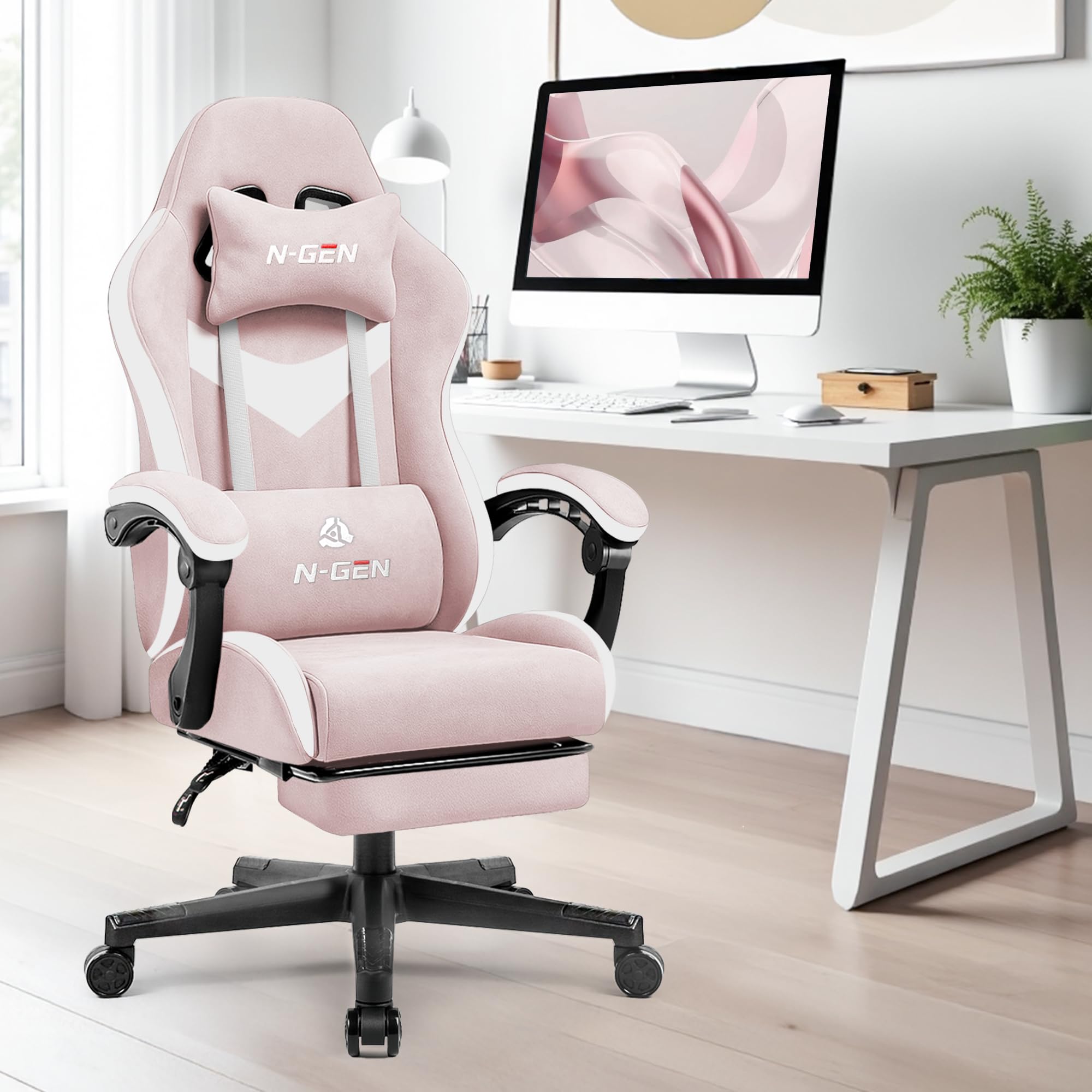 Video Gaming Chair with Footrest Lumbar Support for Home Office High Back Recliner Height Adjustable Ergonomic Comfy Fabric Computer Desk Chair (Pink)