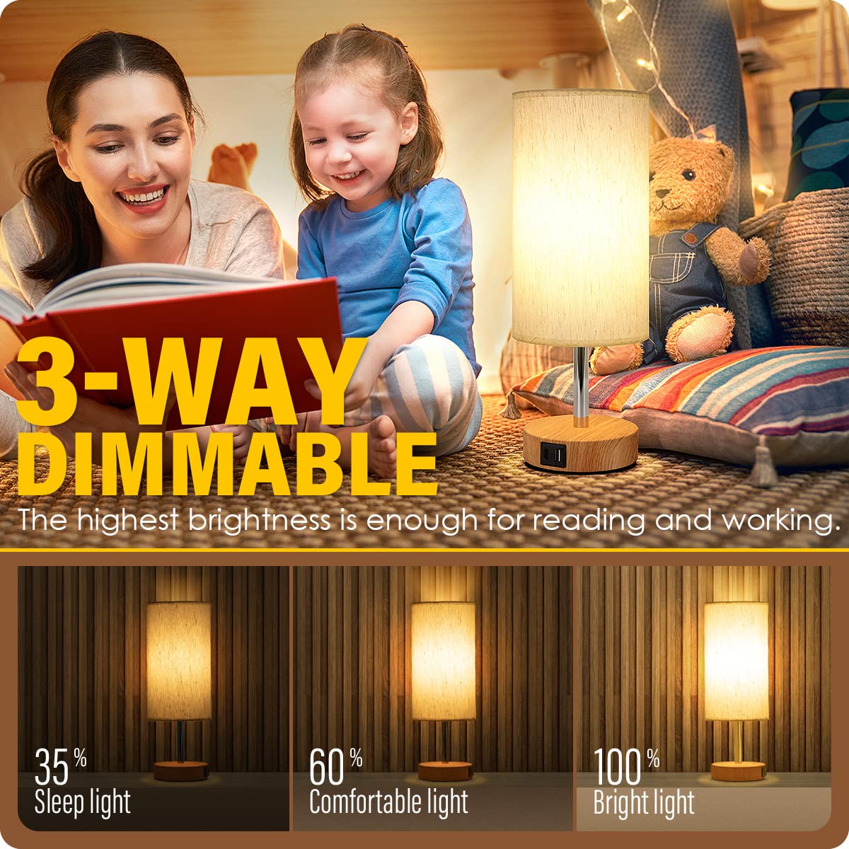 Bedside Lamp with USB A+C Port - Touch Control Table Lamp for Bedroom Wood 3 Way Dimmable Nightstand Lamp with Round Flaxen Fabric Shade for Home Office (LED Bulb Included)