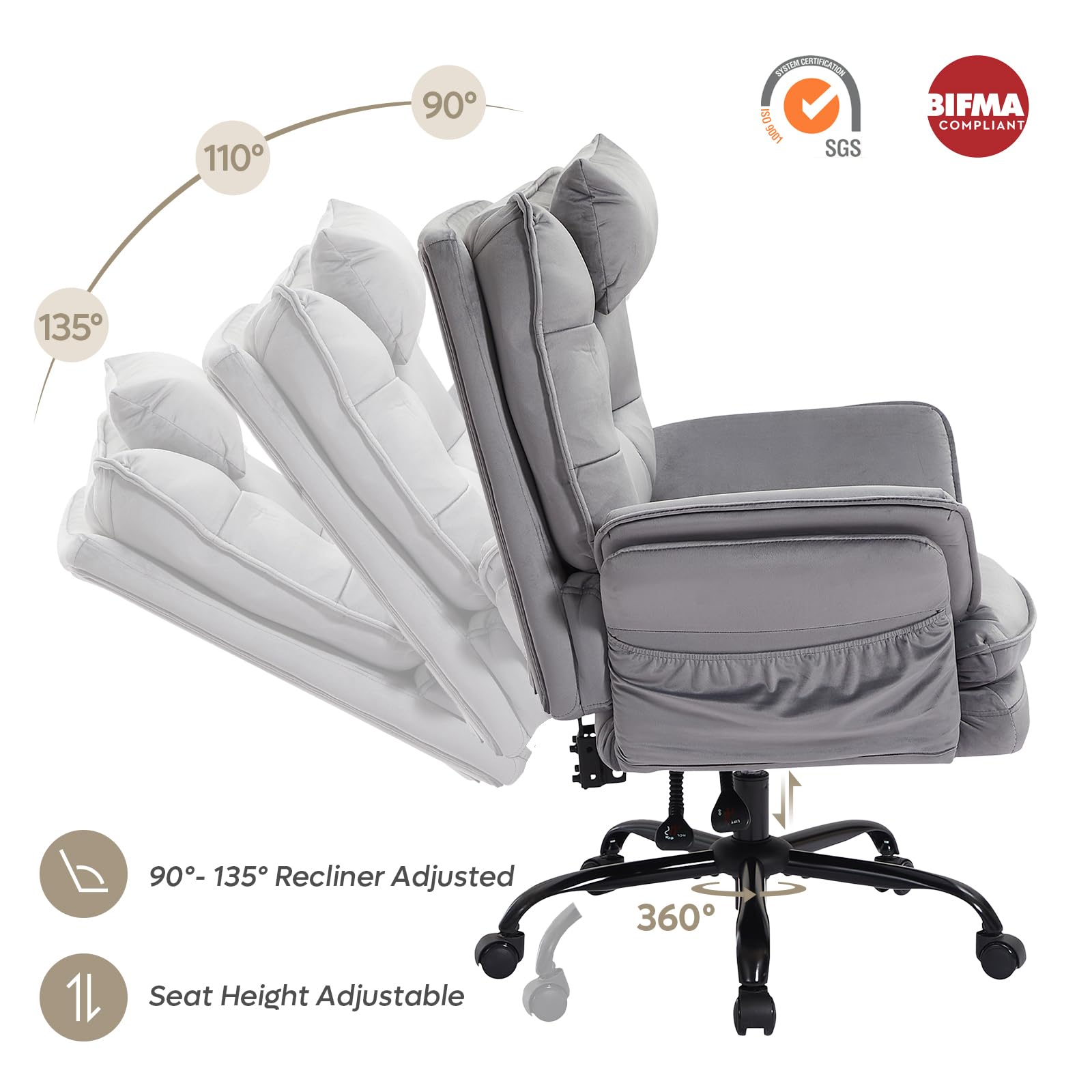 Criss Cross Chair with Flip-Up Armrests and Headrest, 135° Reclining Swivel Executive Chair with Side Pockets, Big and Tall Computer Desk Chair for Home Office Bedroom, Grey Velvet