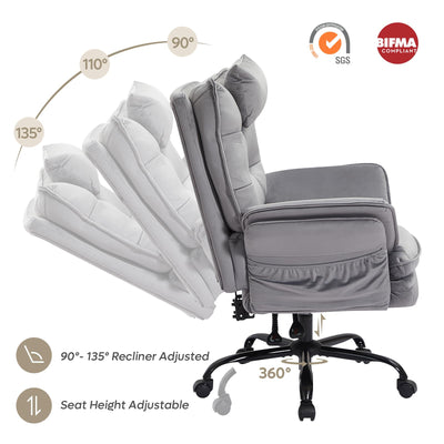 Criss Cross Chair with Flip-Up Armrests and Headrest, 135° Reclining Swivel Executive Chair with Side Pockets, Big and Tall Computer Desk Chair for Home Office Bedroom, Grey Velvet