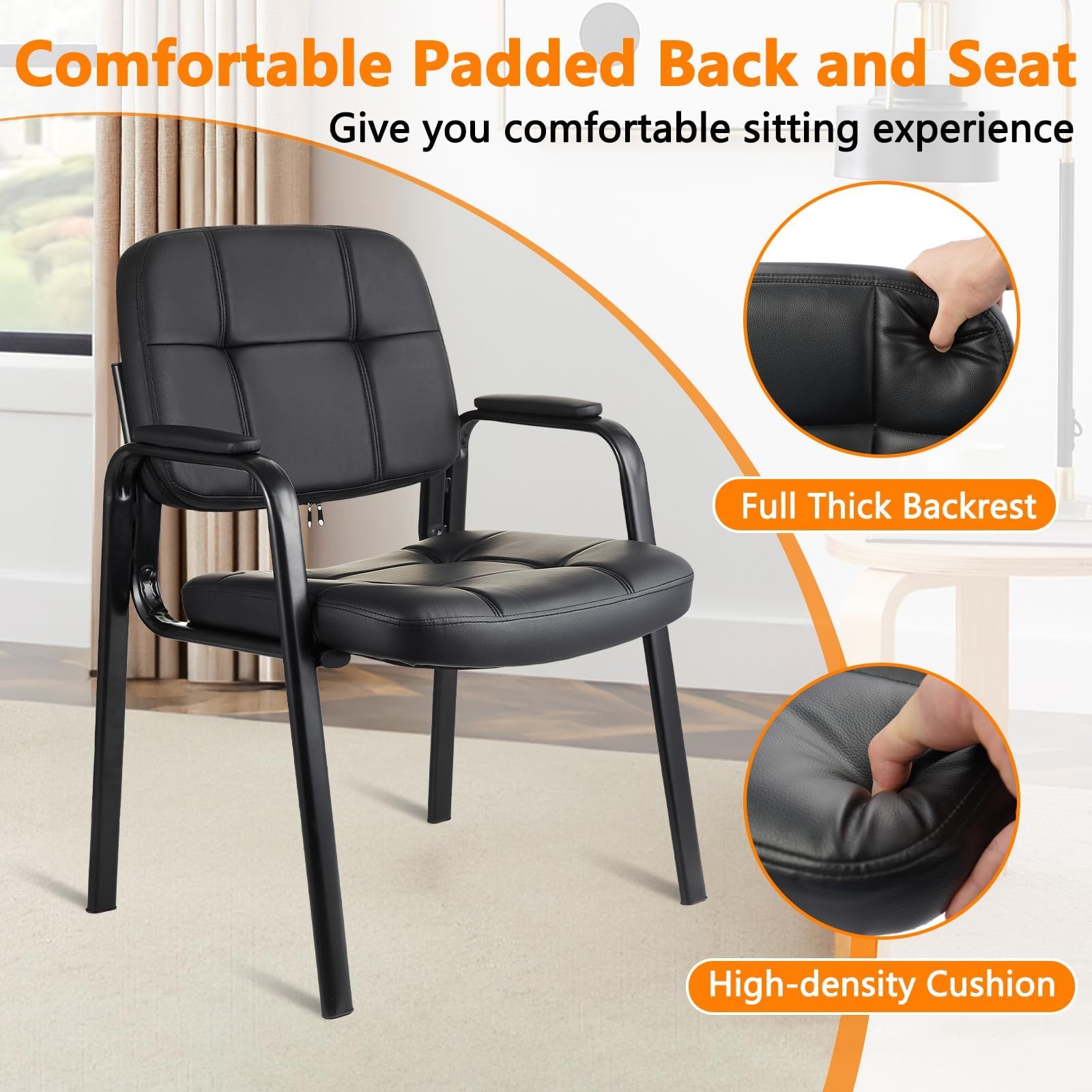 6 Pack, Waiting Room Guest Chair with Bonded Leather Padded Arm Rest for Office Reception and Conference Desk Black