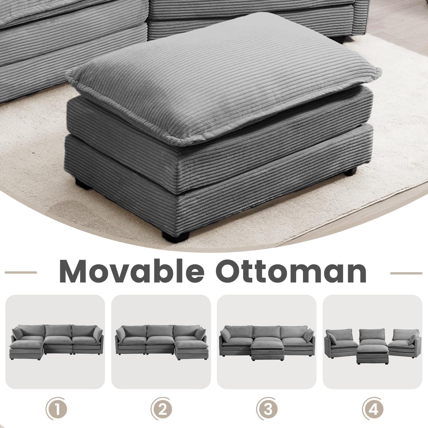 112'' Modular Sectional Cloud Couch with Movable Ottoman, 4 Seat Modern Corduroy Sofa with 2 Throw Pillows, Comfy Deep Seat L Shaped Couches for Living Room Bedroom Apartment, Dark Grey