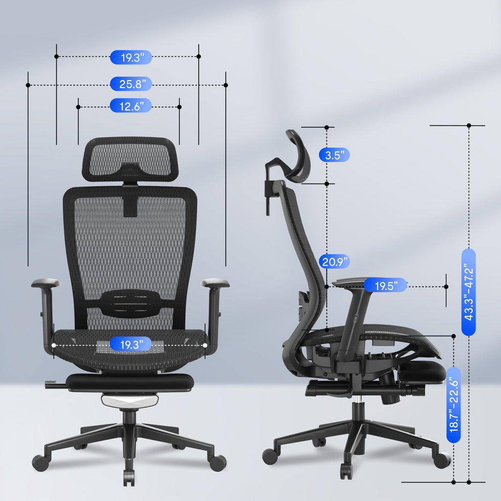 Ergonomic Office Chair with Footrest, Mesh Back Computer Chair, Home Office Desk Chairs, with Adjustable Lumbar Support/2D Headrest/Reliable Base, Black