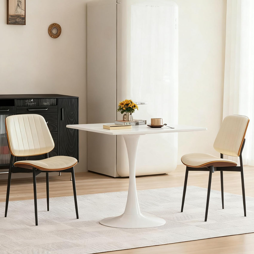 Square Dining Table, 31.5" Tulip Table with Thickened Tabletop & Metal Pedestal, Mid Century Modern Bistro Table for Kitchen, Small Places, Living Room, Cafe (White)