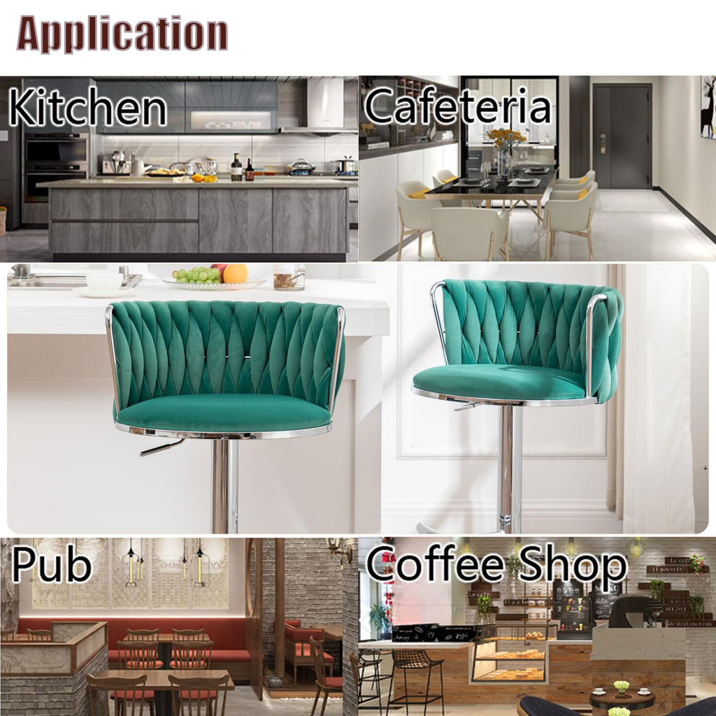 Velvet Bar Stools Set of 2, Swivel Counter Height Bar Stools with Back, Adjustable Woven Barstools for Kitchen Island, Pub, Club (Green)