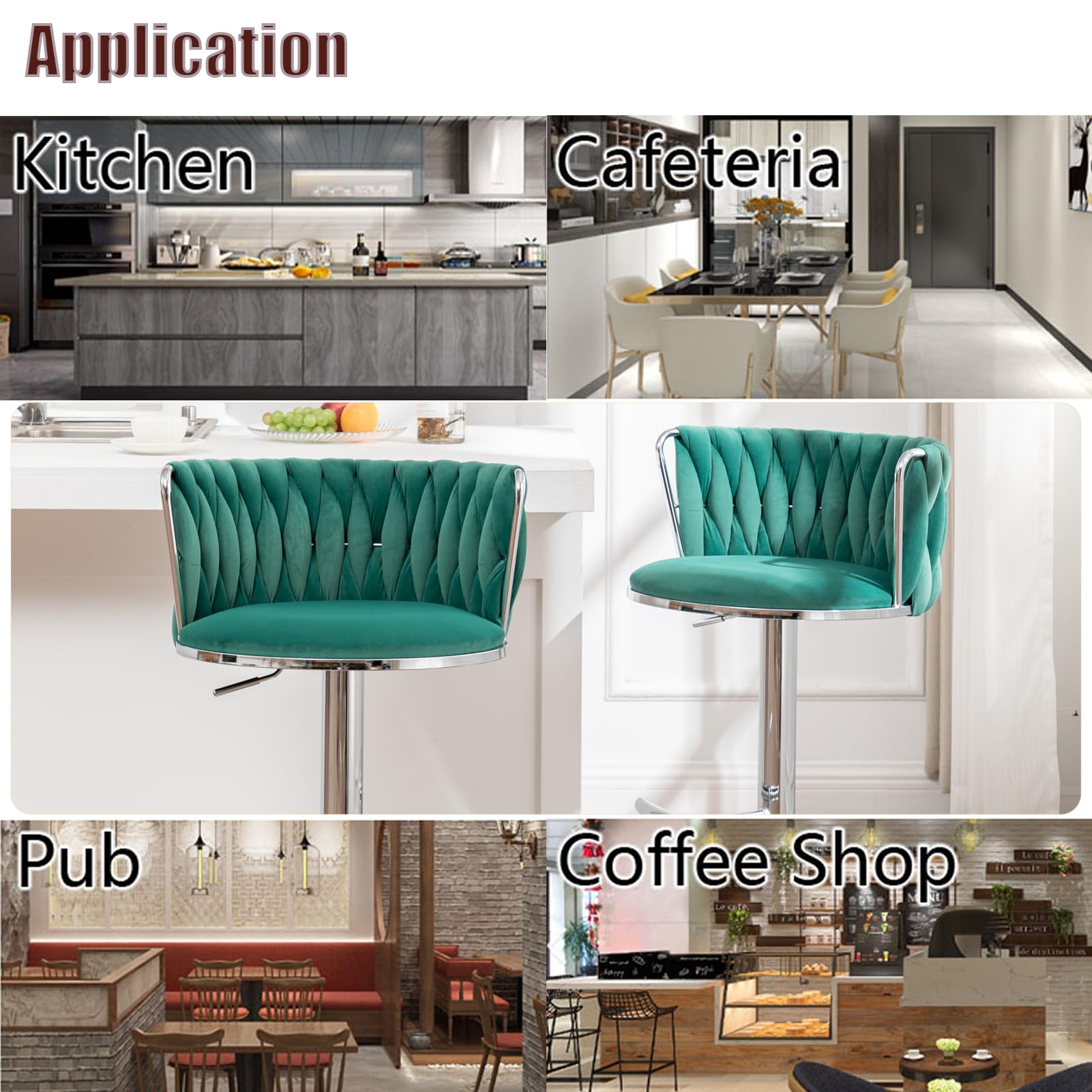 Velvet Bar Stools Set of 4, Swivel Counter Height Bar Stools with Back, Adjustable Woven Barstools for Kitchen Island, Pub, Club (Green)