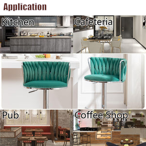 Velvet Bar Stools Set of 3, Swivel Counter Height Bar Stools with Back, Adjustable Woven Barstools for Kitchen Island, Pub, Club (Green)