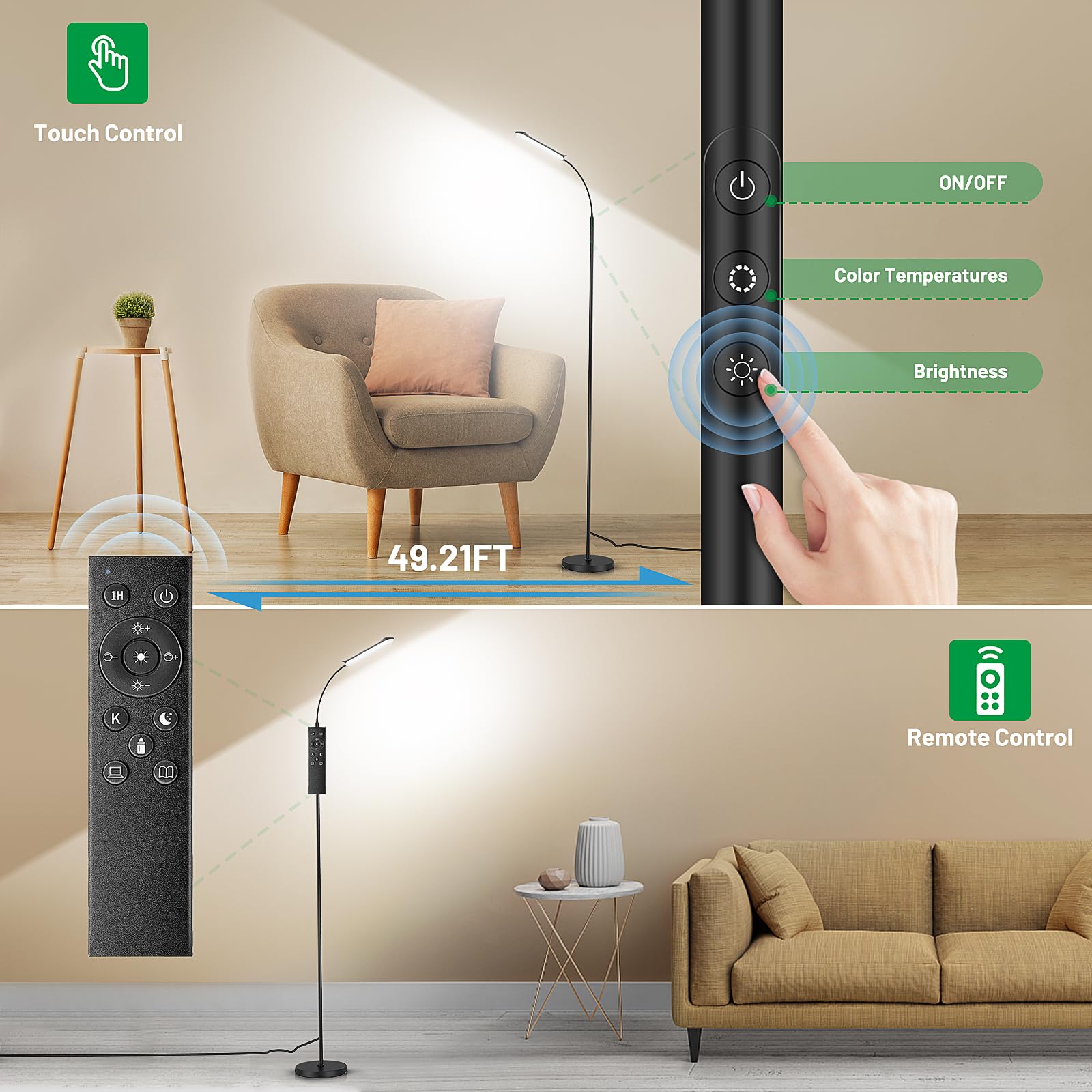 Dimmable LED Floor Lamp, Super Bright Reading Lamps Floor Standing lamp with Remote & Touch Control, Stepless Dimming & 2700K-6500K Color Temperature, for Living Room Bedroom Office, Black