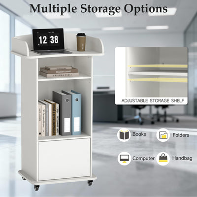 Portable Podium Stand with 4 Metal Wheels, Mobile Lectern Stand with Storage for Church Classroom Restaurant Reception Office Presentation, Wooden Pulpit Desk for Hostess Teacher (White)