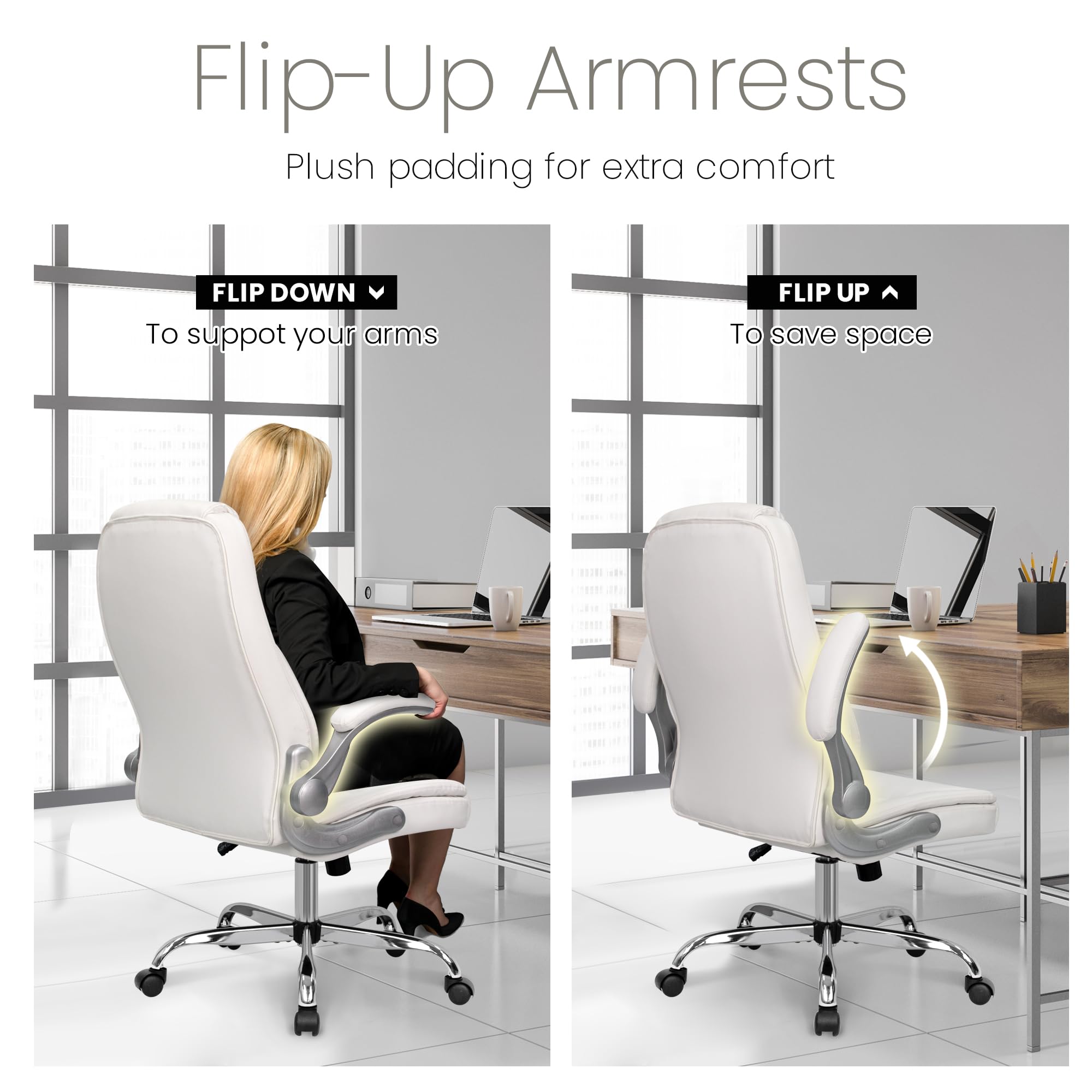 High Back Office Desk Chair for Computer Garming Ergonomic Executive Chair with Comfy Lumbar Support Flip-up Arms Height Adjustable Swivel (Leather White)