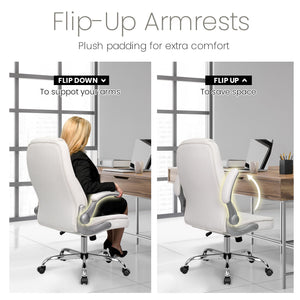High Back Office Desk Chair for Computer Garming Ergonomic Executive Chair with Comfy Lumbar Support Flip-up Arms Height Adjustable Swivel (Leather White)
