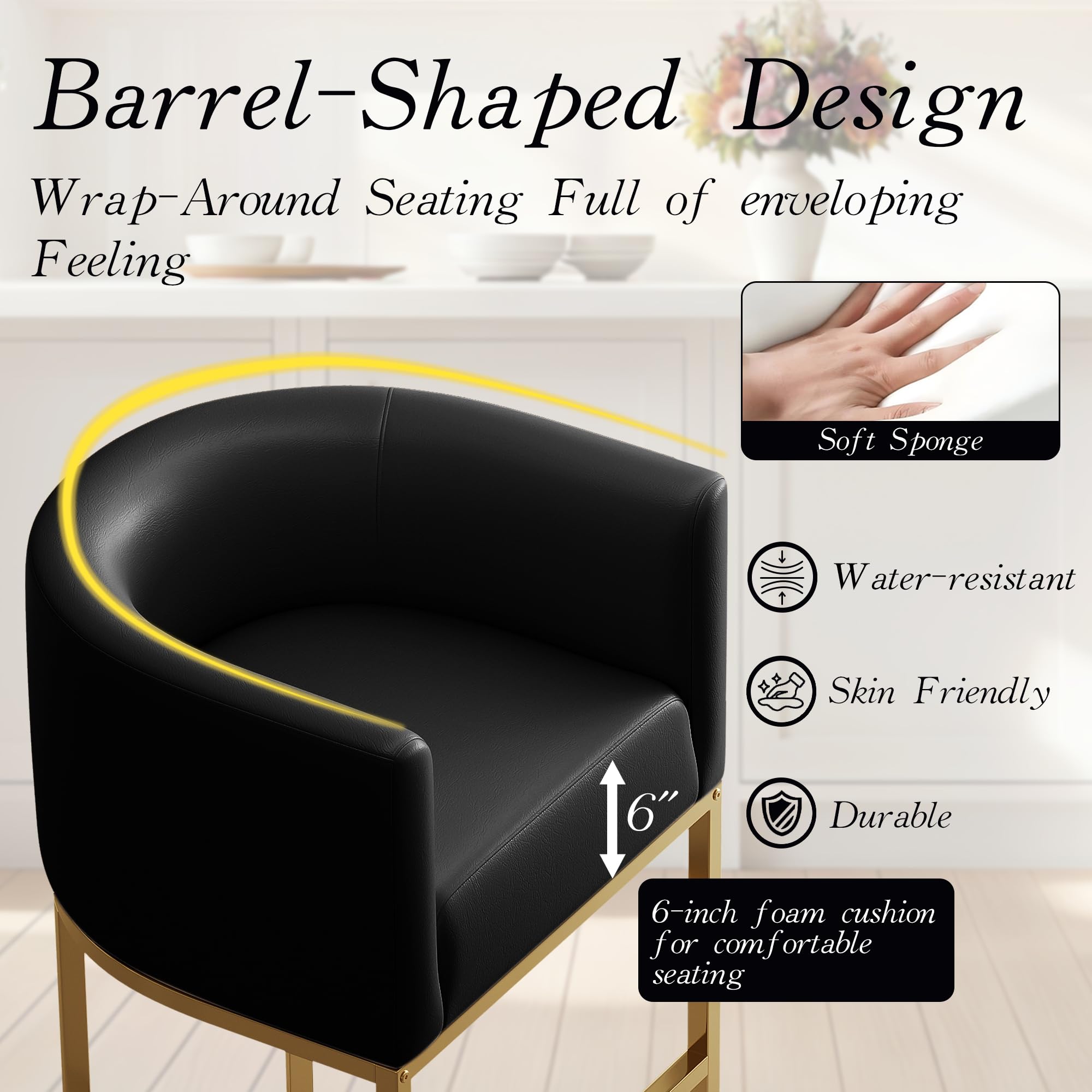 Modern Counter Height Bar Stools,Bar Stools Set of 3,PU Leather Upholstered Barrel Barstools with Backs,26'' Kitchen Island Chairs,Metal Gold Frames,Black Leather