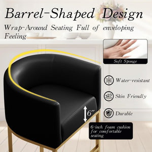 Modern Counter Height Bar Stools,Bar Stools Set of 4,PU Leather Upholstered Barrel Barstools with Backs,26'' Kitchen Island Chairs,Metal Gold Frames,Black Leather