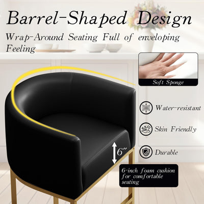 Modern Counter Height Bar Stools,Bar Stools Set of 4,PU Leather Upholstered Barrel Barstools with Backs,26'' Kitchen Island Chairs,Metal Gold Frames,Black Leather