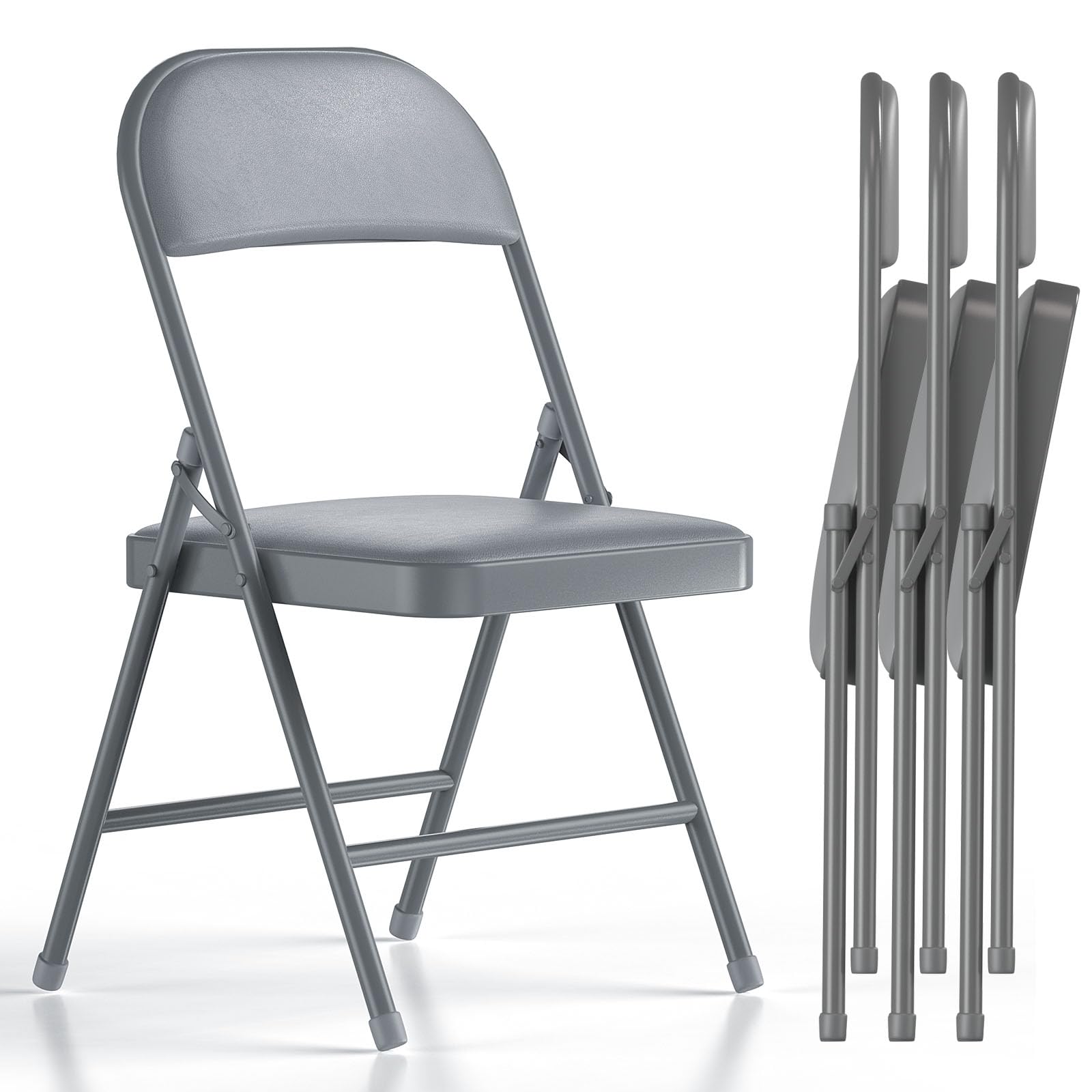 4 Pack Folding Chairs with Padded Vinyl Cushion Chairs with Comfortable Cushion and Durable Steel Frame for Home and Office, for Indoor and Outdoor Events (Grey Vinyl Padding 4 Pack)