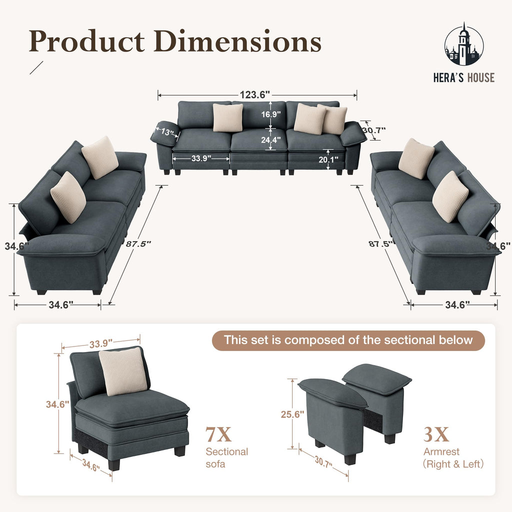 3 Pieces Modular Sectional Sofa Sets, Oversized Couch Set with Loveseats, Comfy Cloud Couches with Throw Pillows, 7-Seater Deep Seat Sofa for Living Room, Chenille Blue
