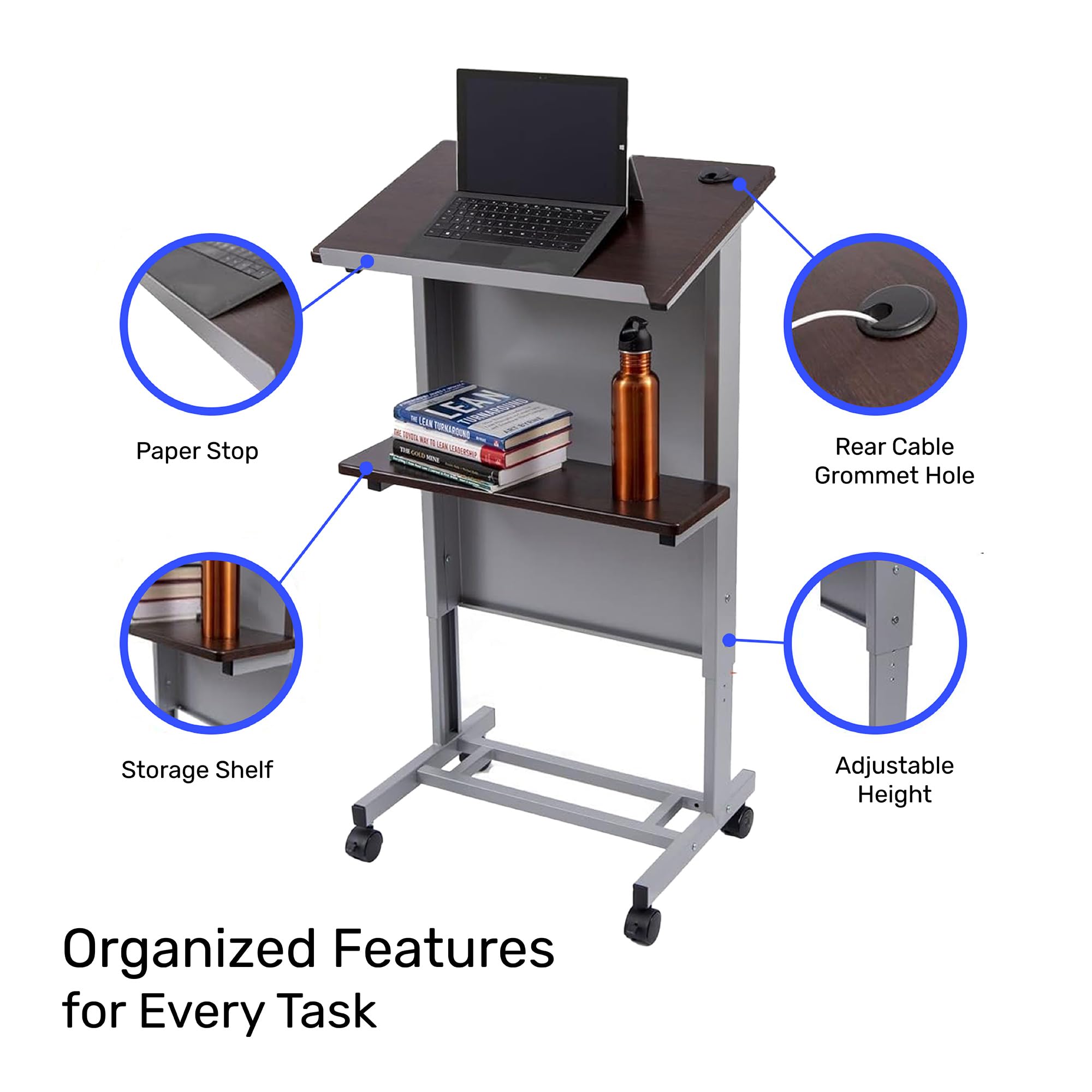 Stand Up Adjustable Height Lectern Podium | Rolling Desk with Storage Shelf | Ergonomic Standing Desk Frame for Office, Classroom, Laptop, Teaching, Presentations & More (Dark Walnut)