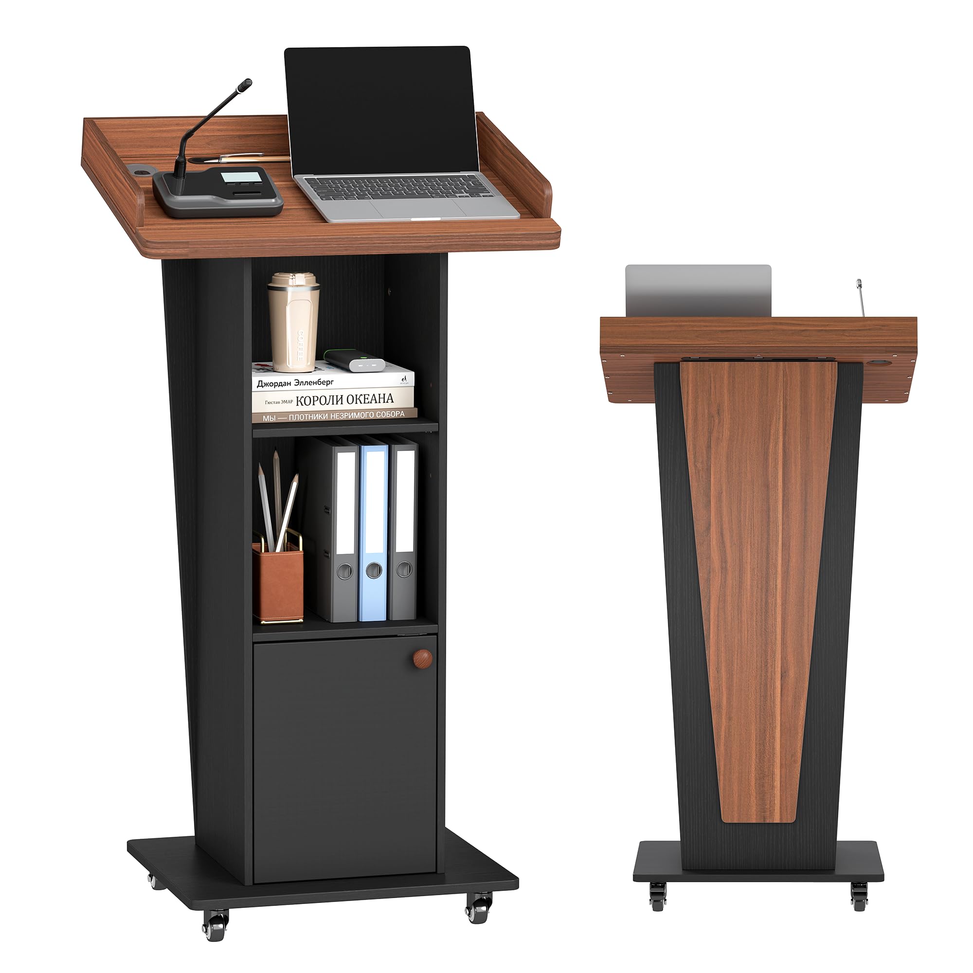15° Tilted Podium Stand with Storage & Lockable Wheels, Wooden Lectern with Adjustable Shelf, Mobile Portable Pulpit for Classroom, Church, Office (Black Brown)