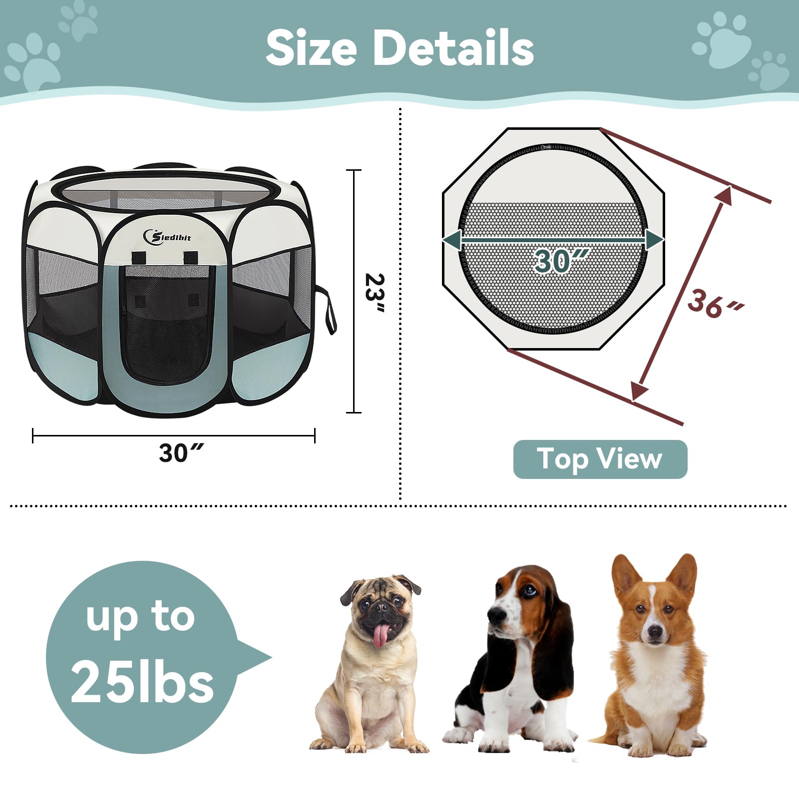 Dog Playpen, Puppy Pet Playpen, Medium Dogs Tent Crates Cage Indoor/Outdoor, Portable Pop Up Dog Kennel Playpen with Carrying Case for Dogs/Cats/Rabbits, Removable Zipper Top, Grey