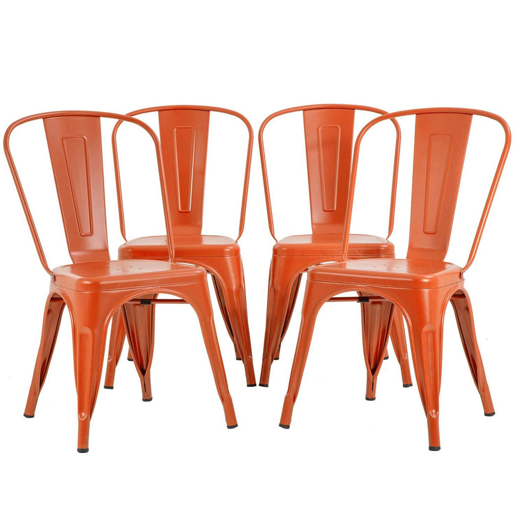 Set of 4 Metal Dining Chairs | Orange | Stackable Tolix Side Chairs with Backrest | Scratch-Resistant | Non-Slip Feet | Indoor/Outdoor Use | 330 lbs Capacity | Ideal for Kitchen & Restaurant