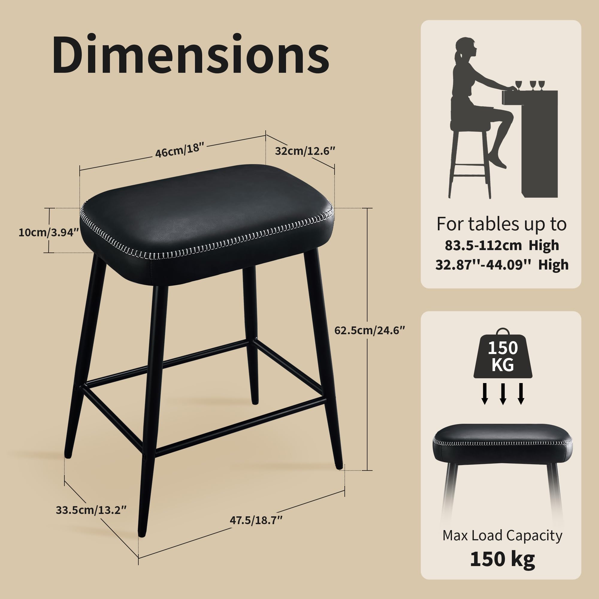 Bar Stools Set of 2, 24 Inch Counter Height Bar Stool for Kitchen Island, Modern Kitchen Bar Stools with Sturdy Metal Base and Thickened Cushion, Black
