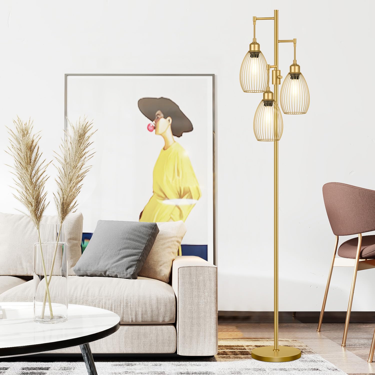 Dimmable Floor Lamp, 3 x 800LM LED Edison Bulbs Included, Farmhouse Industrial Floor Lamp Standing Tree Lamp with Elegant Teardrop Cage Head Tall Lamp for Living Room Bedroom Office Dining Room - Gold