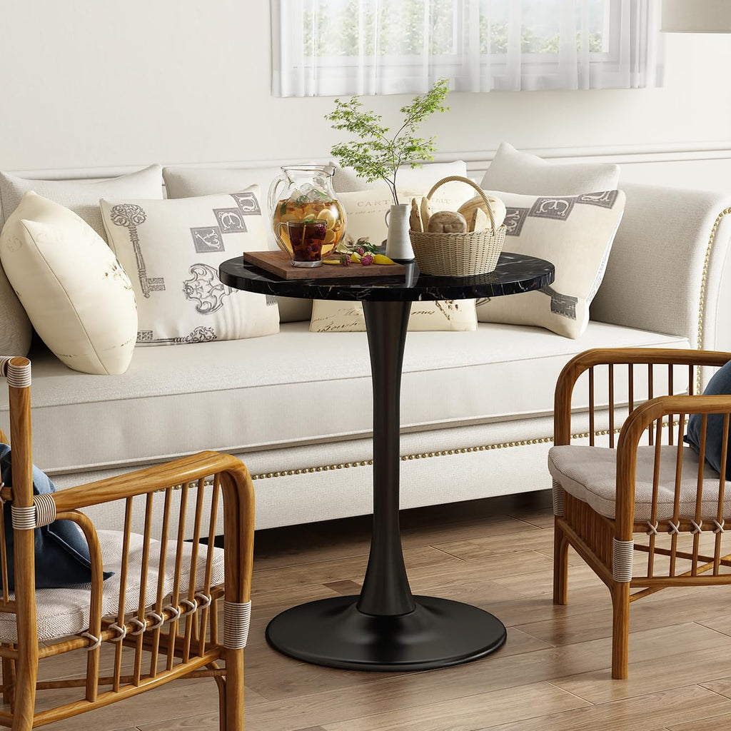 Black Marble Round Dining Table 24" Circle Tulip Table with Thickened Tabletop & Sturdy Metal Pedestal Mid Century Modern Leisure Bistro Kitchen Tables 2 People Small Places Living Room Cafe