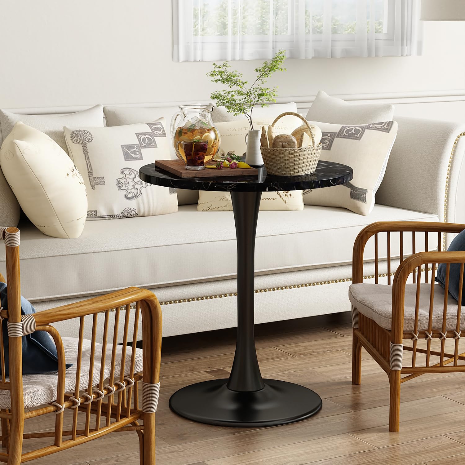 Black Marble Round Dining Table 24" Circle Tulip Table with Thickened Tabletop & Sturdy Metal Pedestal Mid Century Modern Leisure Bistro Kitchen Tables 2 People Small Places Living Room Cafe