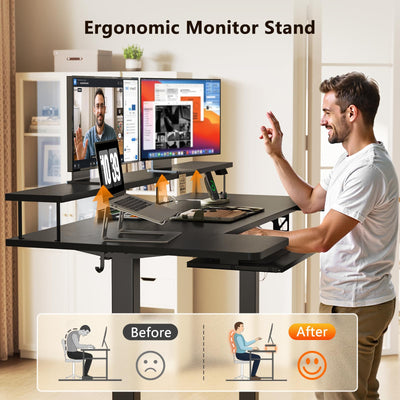 U Shaped Electric Standing Desk with Keyboard Tray, 55 Inch Height Adjustable Desk with Power Outlets & LED Lights, Sit Stand Table with Monitor Stand for Home, Office, Black
