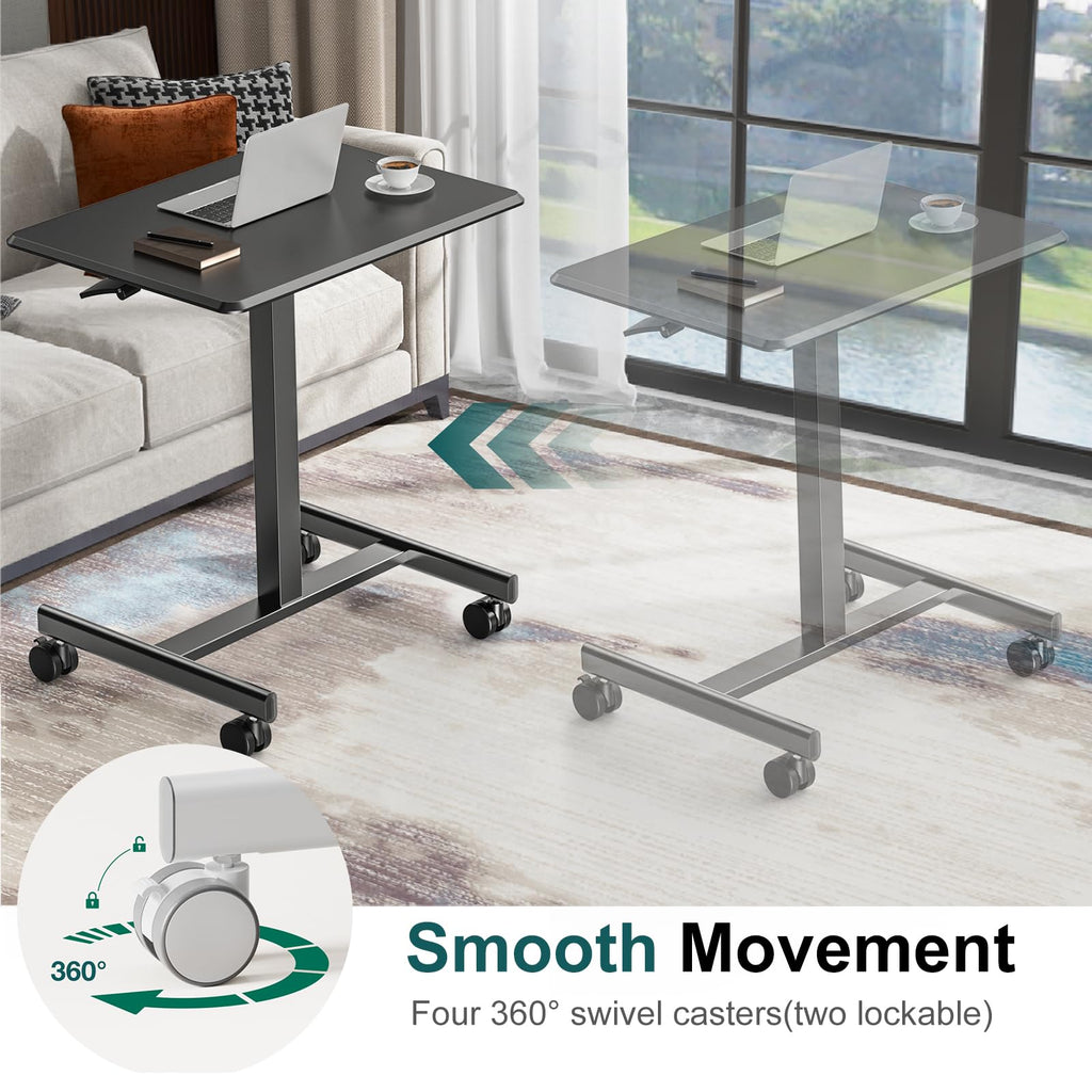 Mobile Small Standing Desk, Portable Rolling Laptop Desk with 2 Lockable Wheels, Adjustable Height Computer Workstation for Home Office, 19 Inch Black