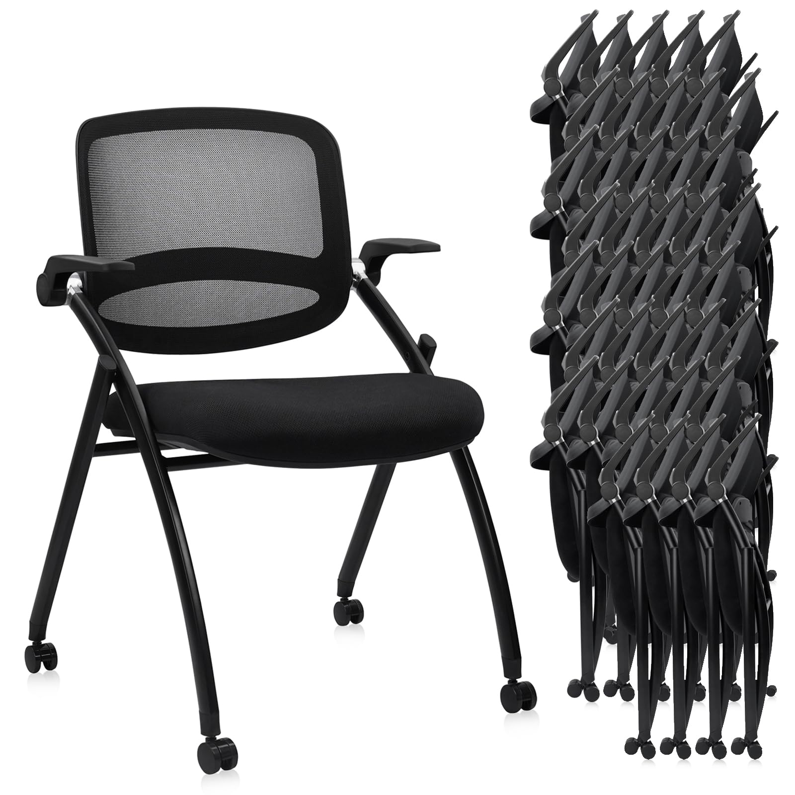 20PACK, Stackable & Foldable Chairs with Flip Up Armrests, Reception Guest Chairs with Wheels, Ergonomic Curved Mesh Back Folding Chair for Office Meeting Schools Conference Waiting Room