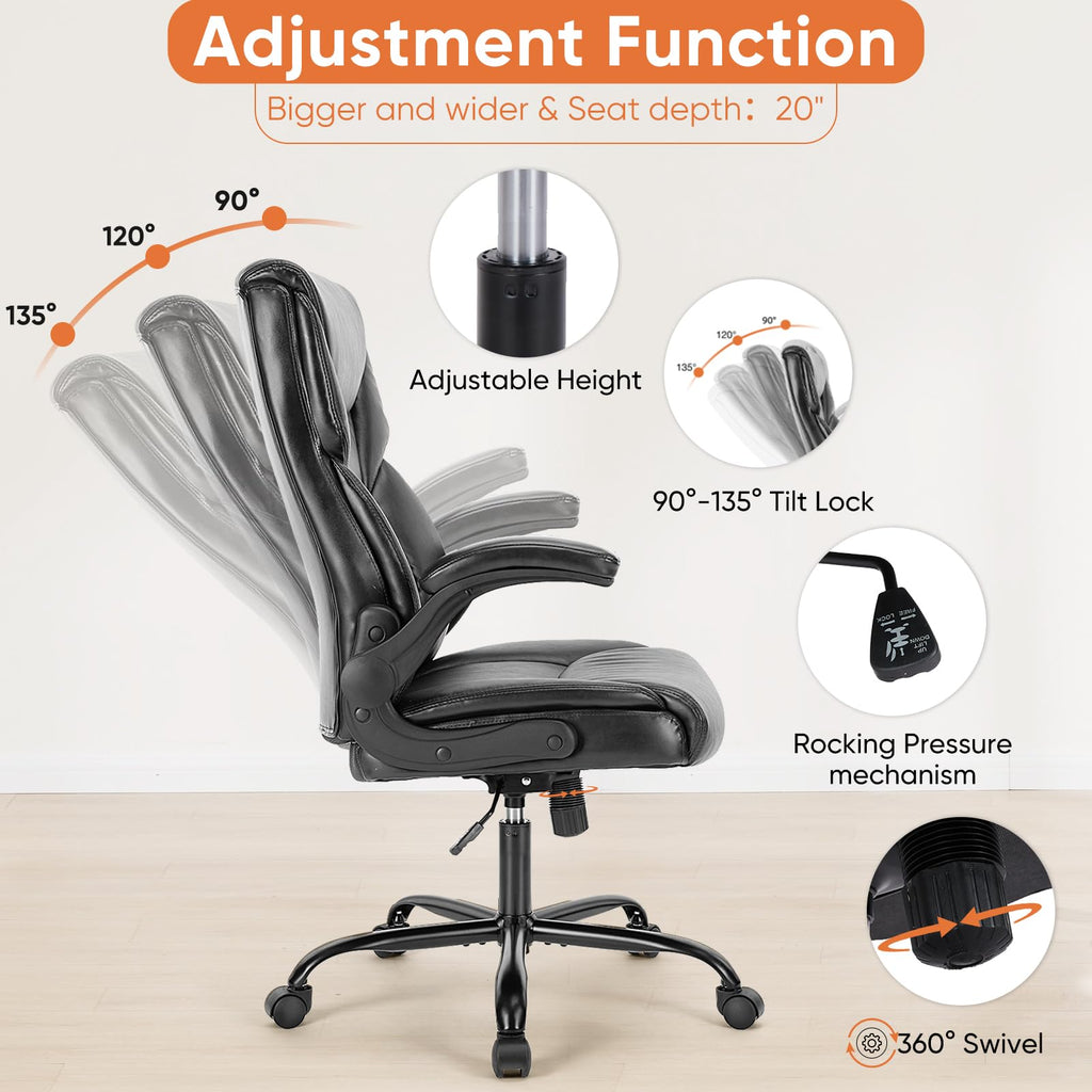 Computer Gaming Chair, Ergonomic High Back Heavy Duty Task Desk Office Chairs with Wheels, Flip-up Arms, Adjustable Height, PU Leather,Inky