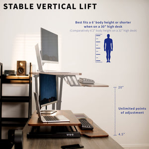 32 inch Desk Converter, K Series, Height Adjustable Sit to Stand Riser, Dual Monitor and Laptop Workstation with Wide Keyboard Tray, Vintage Brown Top, Black Frame, DESK-V000KN