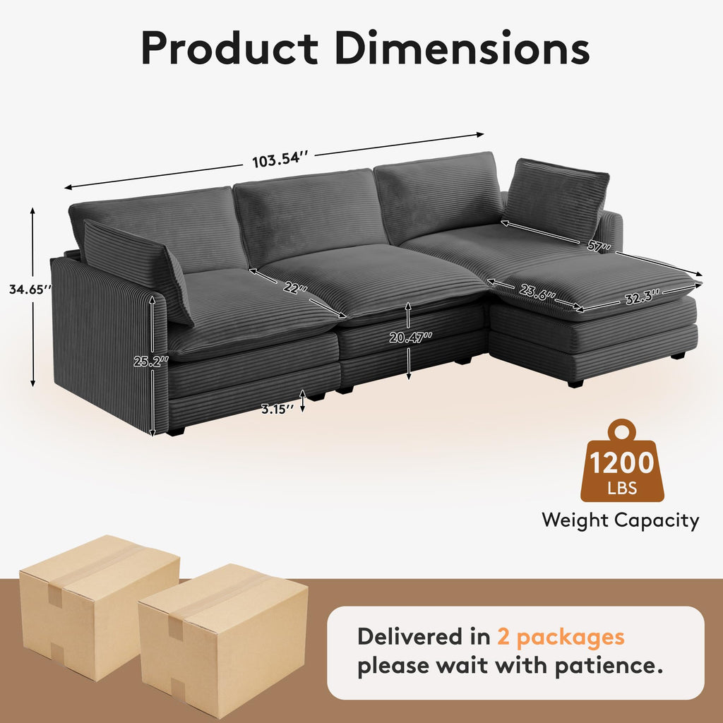 104'' Modular Sectional Cloud Couch with Movable Ottoman, 4 Seat Modern Corduroy Sofa, Deep Seat L Shaped Couch for Living Room Bedroom Apartment, Dark Grey