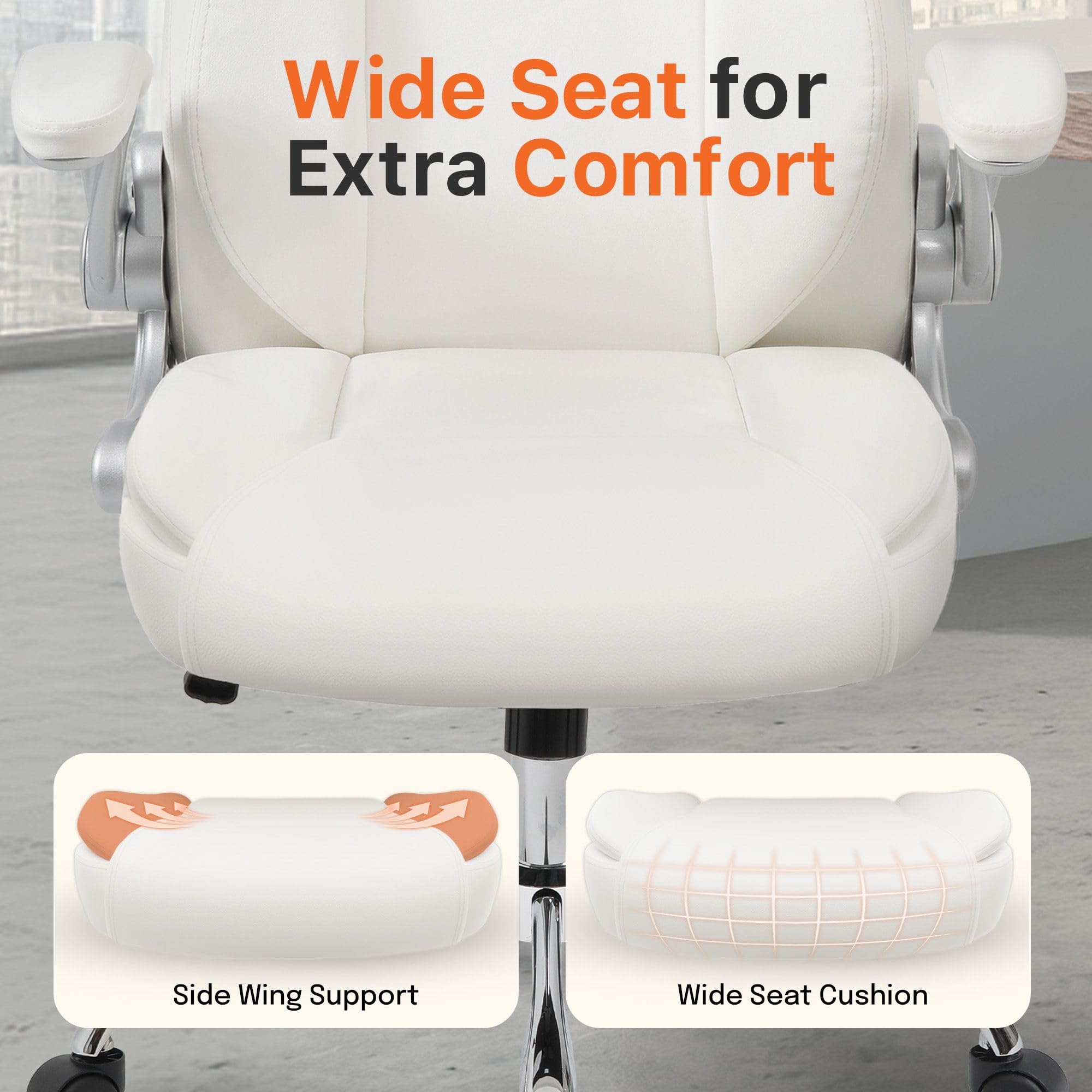 Office Desk Gaming Computer Home Chair Ergonomic Executive High Back Support Flip-up Arms Adjustable Height Swivel Rolling Wheels Comfy PU Leather (White)