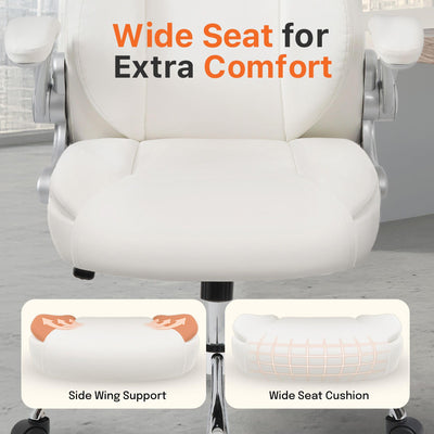Office Desk Gaming Computer Home Chair Ergonomic Executive High Back Support Flip-up Arms Adjustable Height Swivel Rolling Wheels Comfy PU Leather (White)