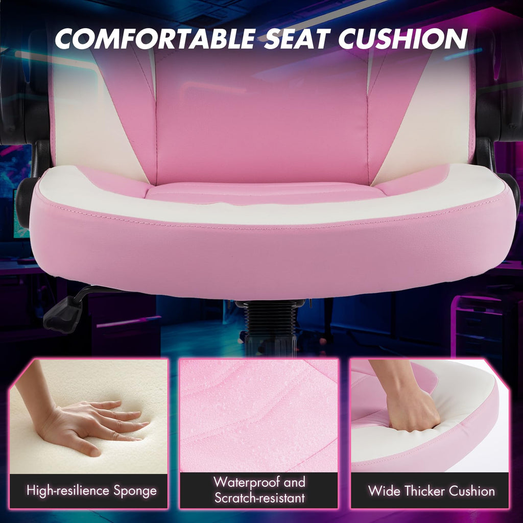 Computer Video Game Desk Chair - Ergonomic Comfy Lumbar Support, PU Leather with Flip-up Armrest, Height Adjustable and 360° Swivel, for Adults, Pink