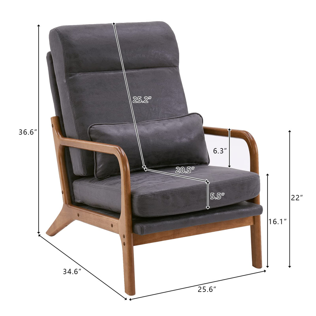 High Back Microfiber Dark Grey Mid Century Modern Accent Chair, Soild Wood Padding Lounge Armchairs Side Sitting Chairs for Living Room, Bedroom, Guest Room